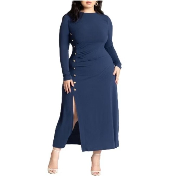 Eloquii Button Front Workwear Dress in Blue - Picture 1 of 5